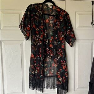 LuLaRoe Black Kimono with Red and Orange Floral Accents